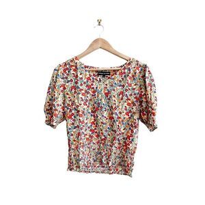 Catherine Malandrino Floral Top  White Multifloral Print Puffed Sleeve Women's S